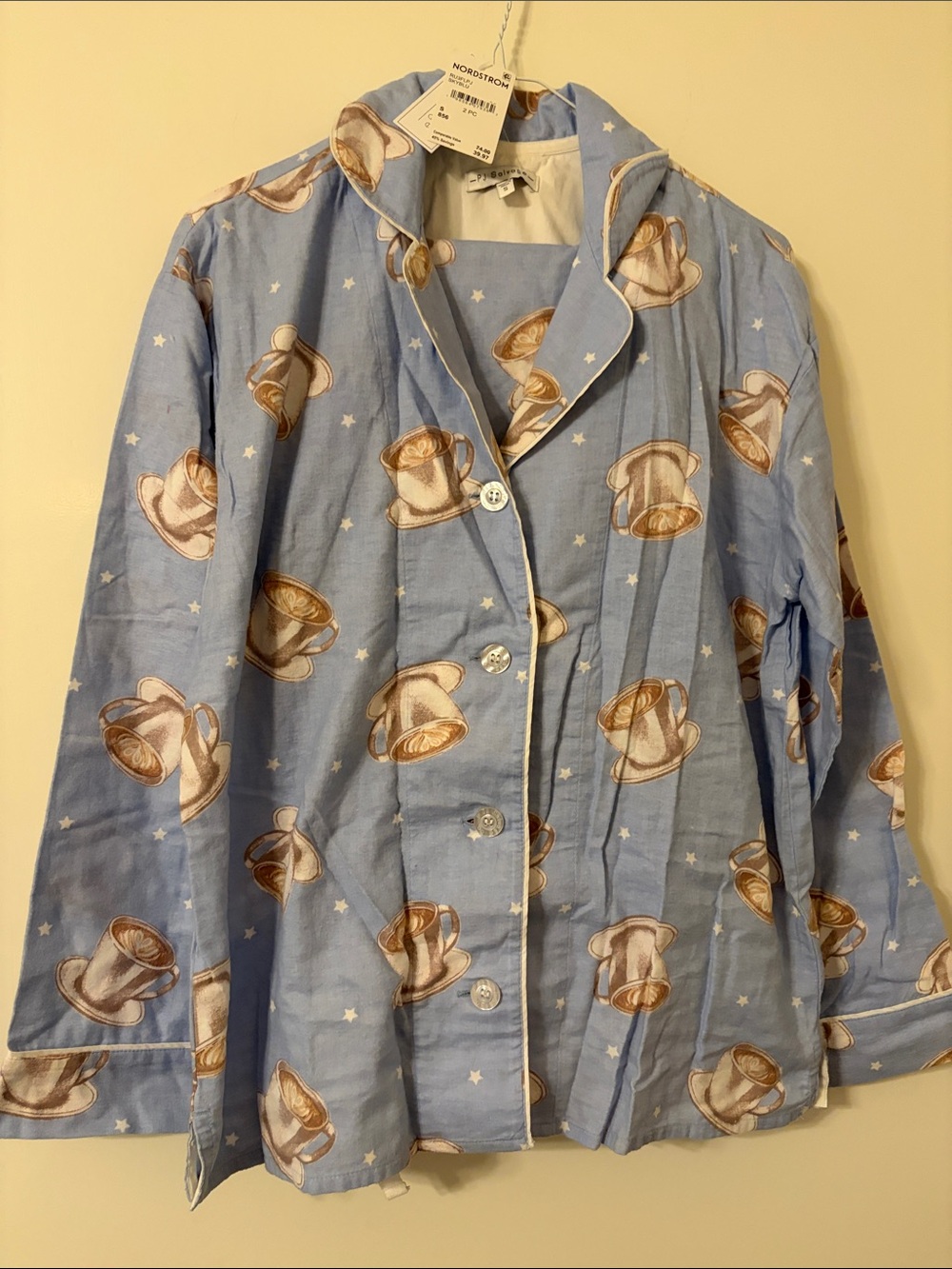 NWT Nordstrom Light Blue Coffee Cup Pattern Flannel Pajama Top & Bottom set